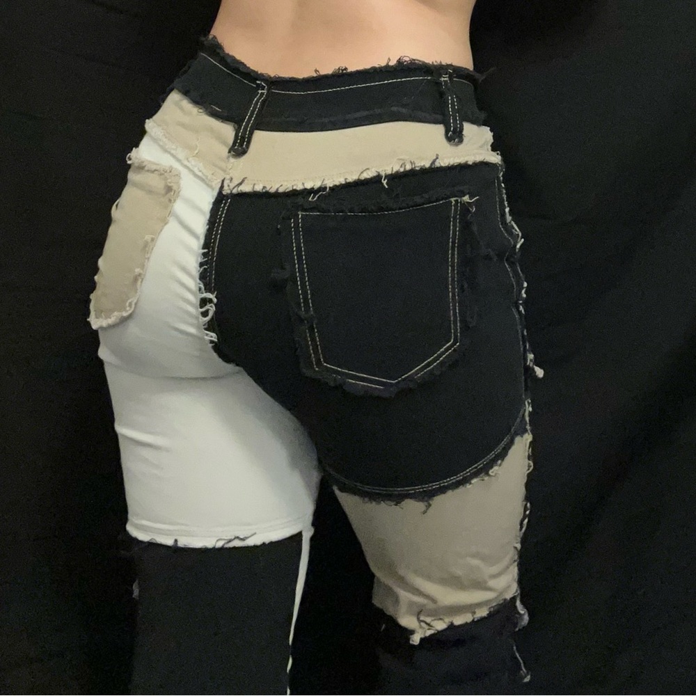 tan black and white patchwork medium skinny jeans